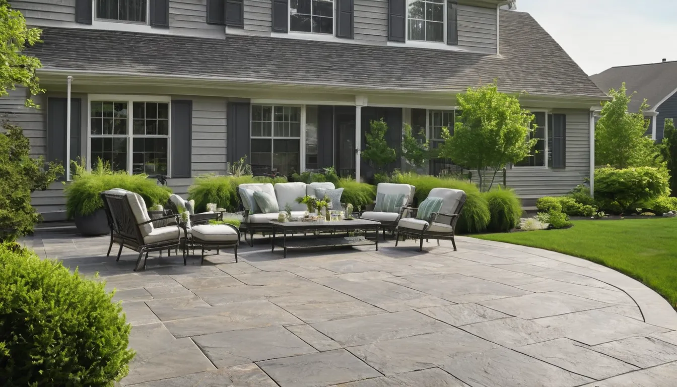 Stamped concrete patio with a slate pattern behind a colonial home in the Alexandria area